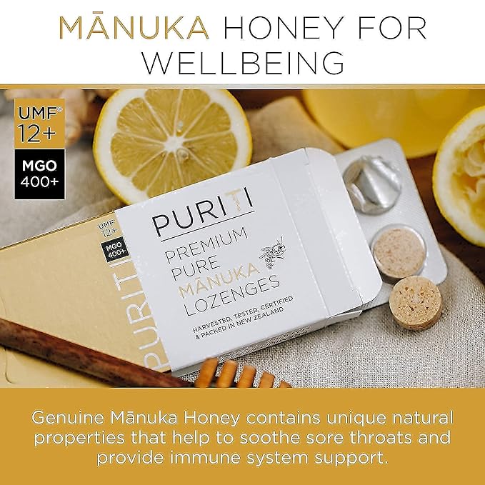 PURITI Manuka Honey Lozenges UMF 12+ (16 Pack) Manuka Honey UMF 10+ | Premium Sugar Free Throat Soothers for Coughs &amp Sore Throats | Premium Quality Authentic Superfood from New Zealand