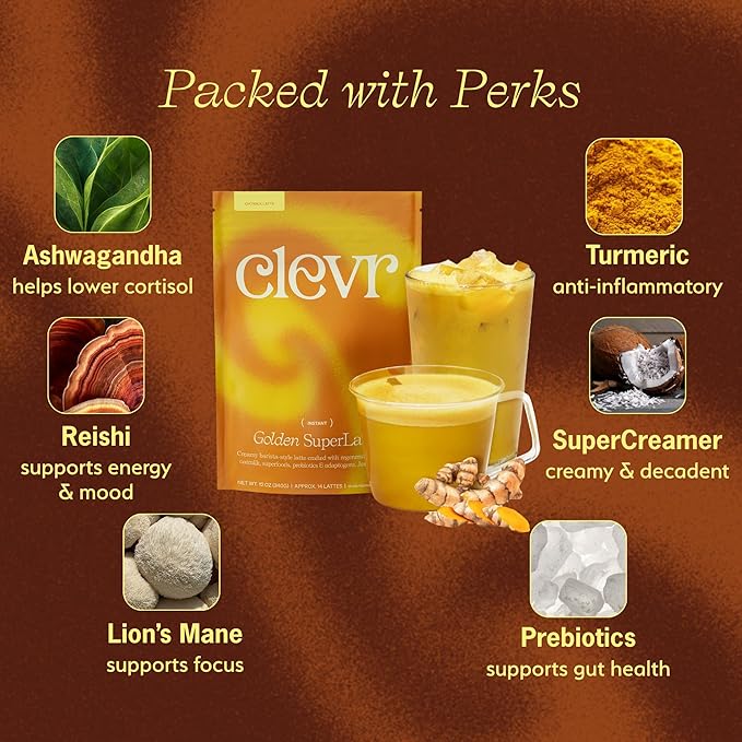 Clevr Turmeric Powder Golden Milk Instant Latte Mix Superfood Powder with Oat Milk Lions Mane Reishi Mushroom Organic Spices Coconut Cream Ashwagandha Serve Hot or Iced (14 Lattes)