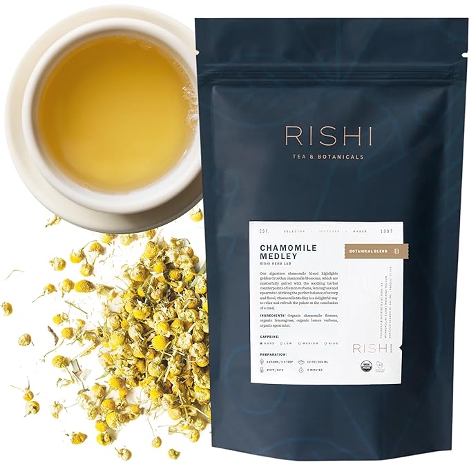 Rishi Tea Chamomile Medley Herbal Tea - Organic Caffeine Free Loose Leaf Tea Calming Chamomile Flowers with Lemon Verbena &amp Mint - 4 Ounces 28+ Servings