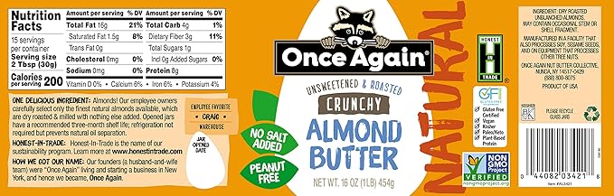 Once Again Natural Crunchy Almond Butter 16oz - Roasted - Salt Free Unsweetened - Gluten Free Certified Peanut Free Vegan Kosher Paleo - Glass Jar - Case of 12