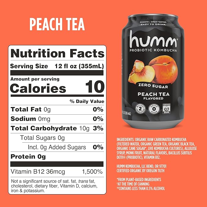 Humm Probiotic Kombucha Zero Sugar Peach Tea No Refrigeration Needed Keto Friendly Organic Vegan Gluten Free 12oz Cans (8 Pack)