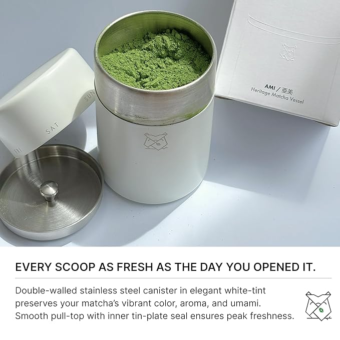 FKRŌ Ami Matcha Canister – Airtight Double-Seal Stainless Steel Tea &amp Coffee Storage Tin for Matcha Powder Loose Tea &amp Spices