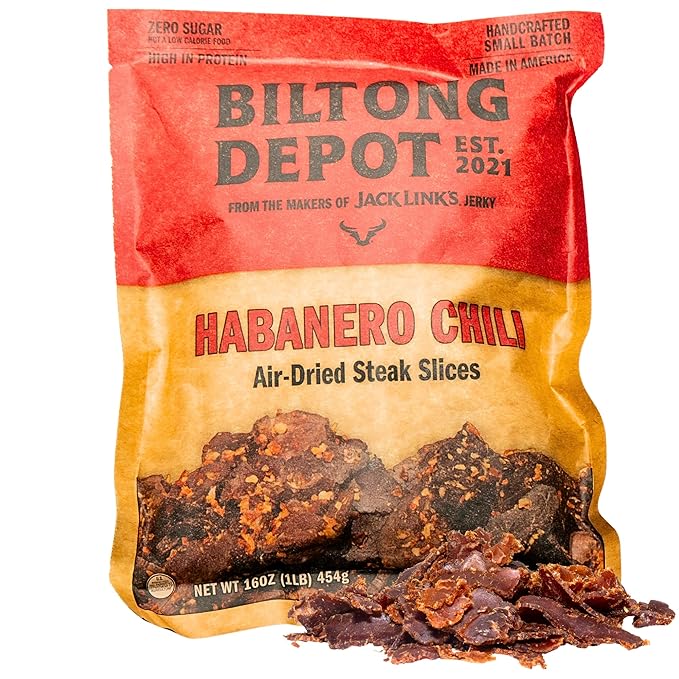 Biltong Depot Habanero Chili Biltong Slices - 1lb (16oz) | Air-Dried Beef Jerky Snack | High Protein | Paleo &amp Keto Friendly | Zero Sugar | Gluten Free | No Artificial Preservatives | No MSG