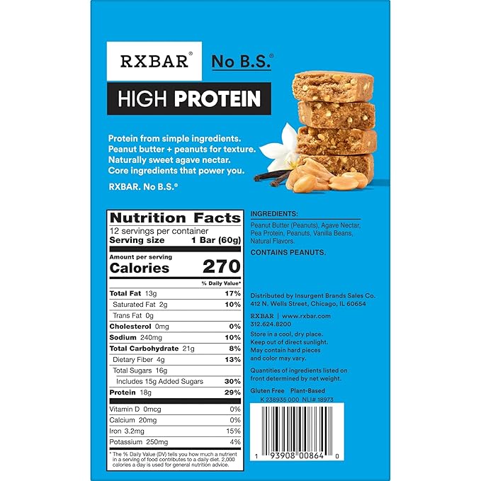 RXBAR High Protein Bars Gluten Free Protein Snacks Vanilla Peanut Butter 25.3oz Box (12 Bars)