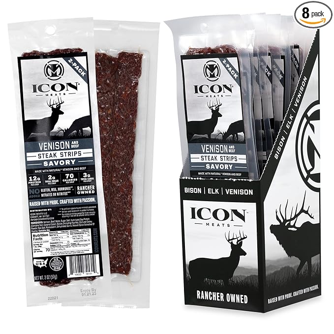 ICON Meats Venison and Beef Jerky Steak Strips Savory 8 High Protein Snacks Packs 2 Strips per Pack Low Sugar Gluten Free Natural USDA Inspected Made in the USA Gifts for Him