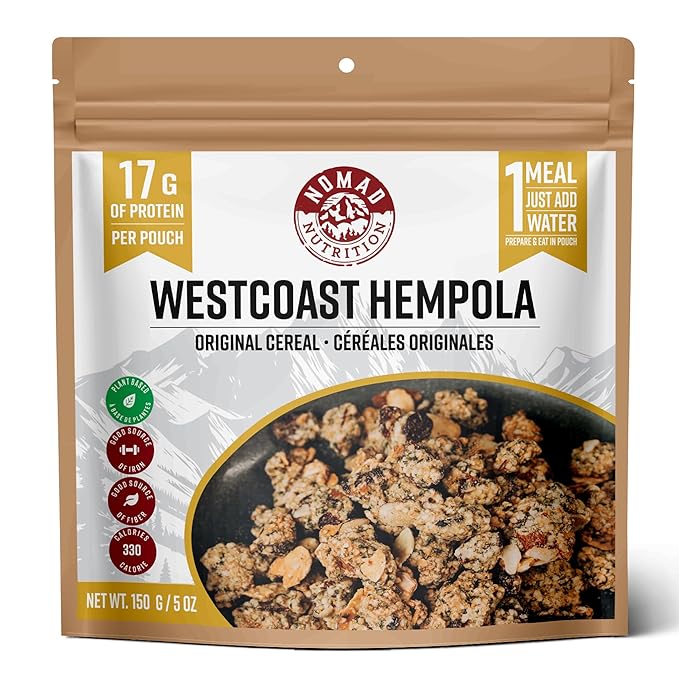 Nomad Nutrition Westcoast Hempola - Original Cereal | Granola Instant Freeze Dried Backpacking &amp Camping Food | Plant-Based Non-GMO Hiking Meals with High-Protein Vegan Gluten-Free | 112g - 4 P