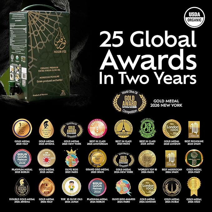 NOOR FÈS Extra Virgin Olive Oil | 24 Global Awards | 584 mg/kg High in Polyphenols | USDA Organic | Premium Moroccan Picholine Olives | Great Gift for Chefs | Cold Extracted Olive Oil | 67 Fl Oz