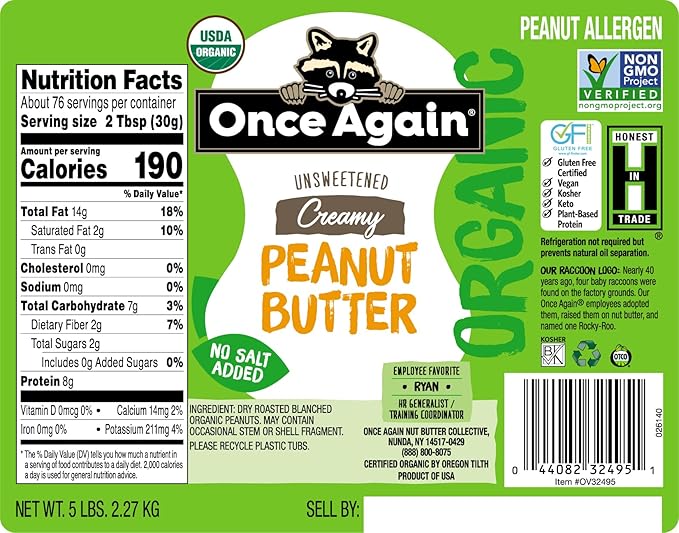 Once Again Organic Creamy Peanut Butter 5lb Pantry Pal (same as 5 jars) - Salt Free Unsweetened - USDA Organic Gluten Free Certified Vegan Kosher