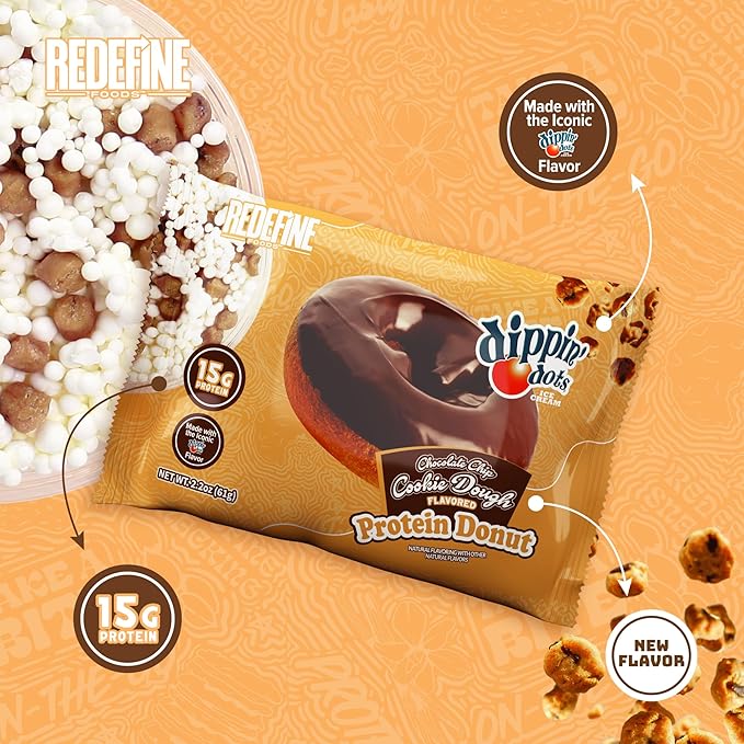 Redefine Foods Dippin' Dots Protein Donut - 8 Count - Chocolate Chip Cookie Dough Flavor - 15g of Protein Per Serving - No Artificial Ingredients