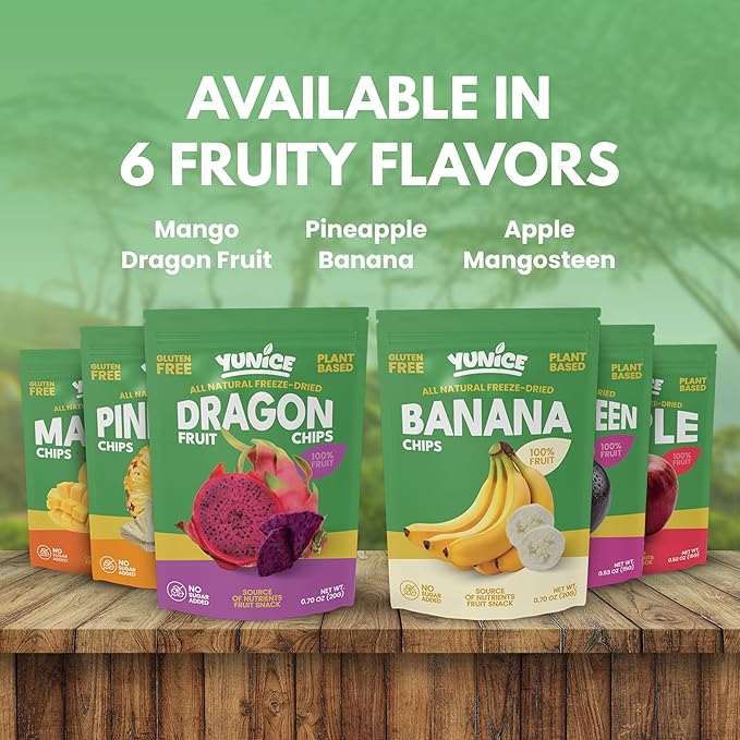 Yunice Freeze-Dried Fruit 100% Natural Gluten Free No Added Sugar healthy snacks for adults BANANA MANGO PINEAPPLE MANGOSTEEN APPLE &amp DRAGON FRUIT Variety Pack 0.53 Ounce (Pack of 12)