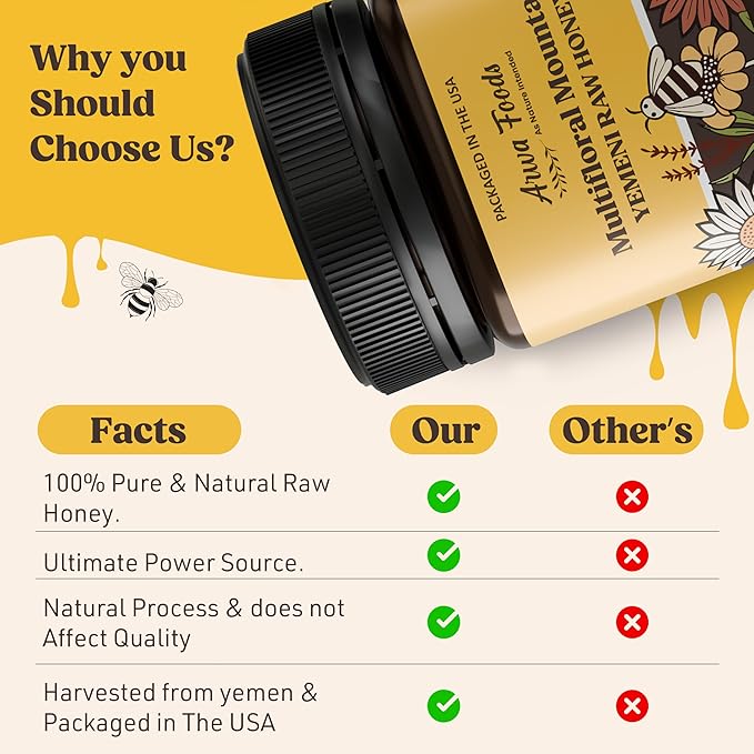 Arwa Foods Multifloral Mountain Yemeni Raw Honey - Royal Yemeni Raw honey from Wadi of Douan - Sealed &amp Packaged in USA - 100% Unfiltered Raw &amp Pure Honey (8.82 oz)