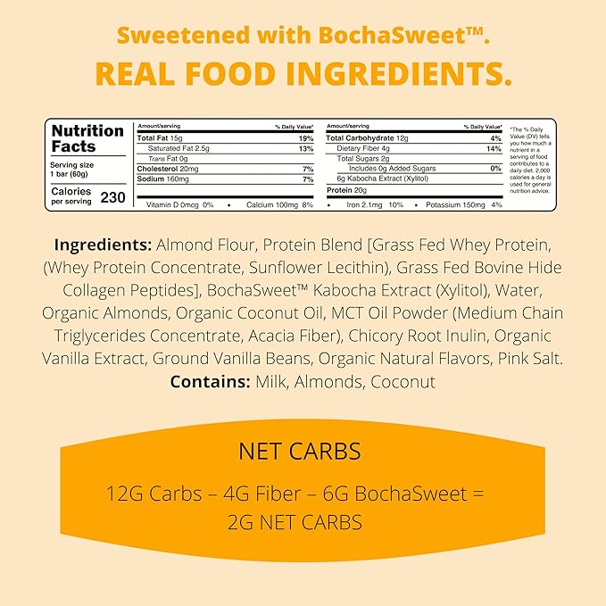 BochaSweet Keto Protein Bar Vanilla Almond Crunch BochaBar 20g Grass Fed Collagen Low Carb Keto-Friendly Gluten Free 4 Count