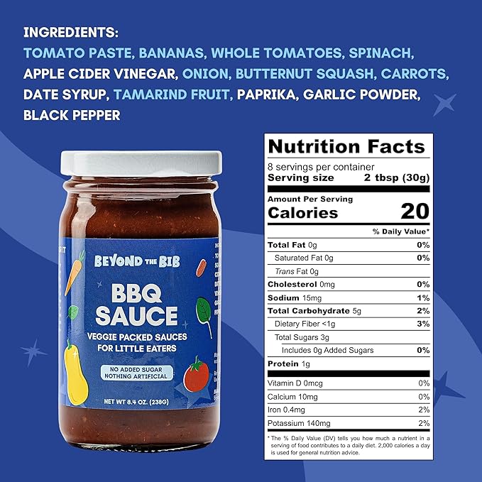 Beyond the Bib - Toddler and Kids Healthy Meal Sauces and Dips - Made with Vegetables No Added Sugar No Salt No Artificial Ingredients - Ready to Eat - For 24+ Months (BBQ - 3 Pack)