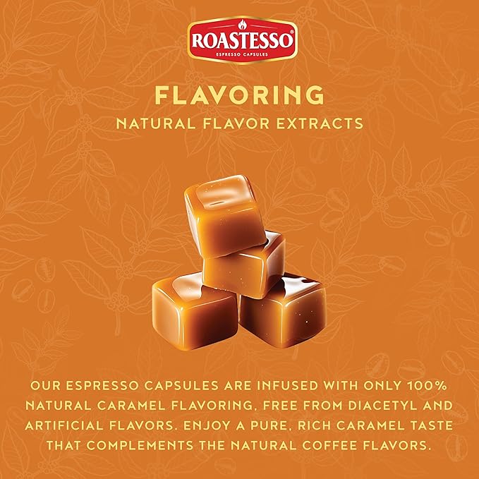 Roastesso Coffee Natural Caramel Flavored Espresso Pods Nespresso Capsules Compatible with Original Line Machines Barista Creations Flavor Pack Medium Dark Roast Ristretto (40 Count)
