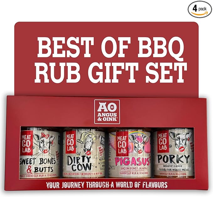 Angus &amp Oink Gift Set | Best of BBQ Gift Box | BBQ Rubs | 1 x Sweet Bones &amp Butts 220G | 1 x Dirty Cow Seasoning | 1 x Pigasus | 1 x Porky White Chick 220G