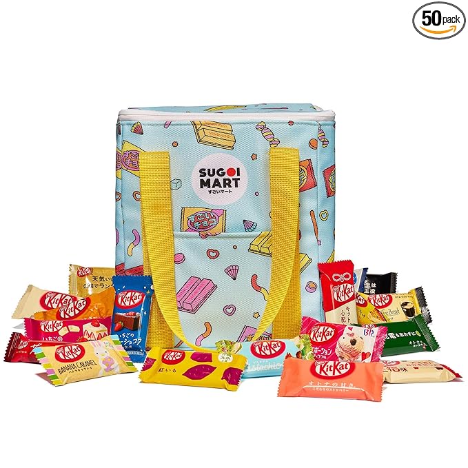 Sugoi Mart Japanese Kitkat Variety Pack - 50 Pcs Mini Kitkats Individually Wrapped Japanese Chocolate Wafer Bars 7-9 Assorted Flavors with Stylish Reusable Cooler Bag