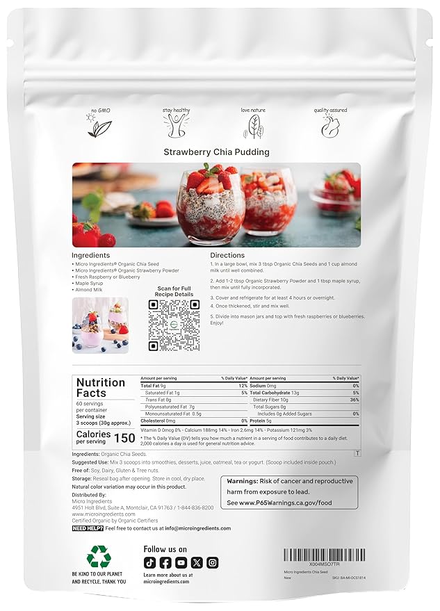 Organic Chia Seeds 4lbs | Raw Chia Seed Source | Rich in Essential Fiber Vegan Omega-3 &amp Plant Based Protein | Great for Baking Smoothies Pudding &amp Oatmeal | Non-GMO Gluten Free