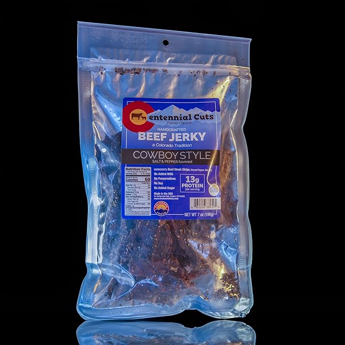 Centennial Cuts Beef Jerky – Cowboy Style - High Protein Zero Sugar &amp Zero Carbs 3 Simple Ingredients – 7 oz Snack