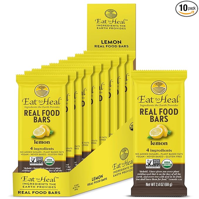 EatToHeal Lemon Real Food Bar - Organic Vegan Healthy Gluten Free Protein Bars - Low Sugar Meal Replacement Bar Non GMO Never Baked Plant Based - Crafted to Enjoy Not Sit on Shelves