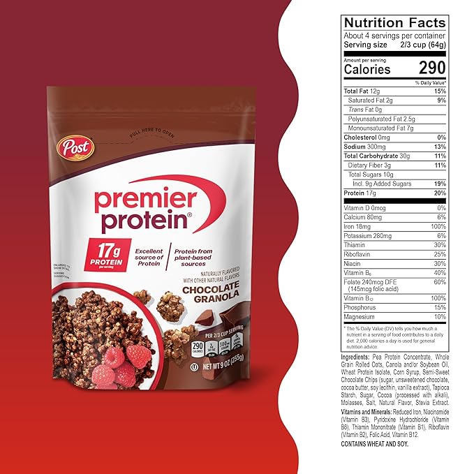 Premier Protein Granola Chocolate Flavored Crunchy Clusters Yogurt Topping or On-The-Go Snack 9 oz Resealable Bag (Pack of 5)