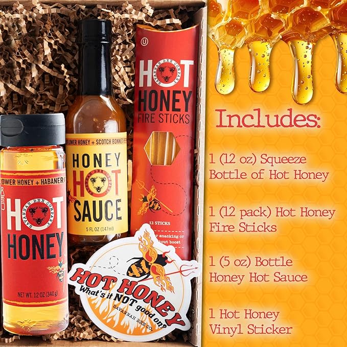 Savannah Bee Company Hot Honey Box Gift Set - Award-Winning Honey Collection - Includes Hot Honey Sauce and Fire Sticks - Perfect Gourmet Gift for Spice Lovers