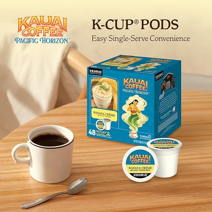 Kauai Coffee K-Cup Pods for Keurig Brewers – Arabica Coffee 10% Hawaiian – Medium Roast Banana Flavor with Creamy Vanilla – Banana Crème 1 Pack of 48 Single Serve K-Cups