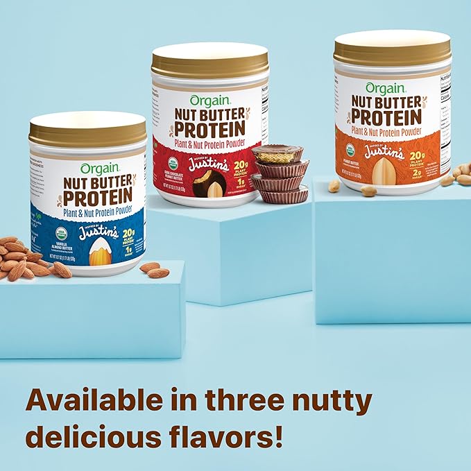 Orgain X Justin's ® Organic Vegan Nut Butter Protein Powder Peanut Butter- 20g Plant Protein 2g Sugar Gluten Free No Dairy Soy Ingredients or Artificial Flavors 1.17 lb