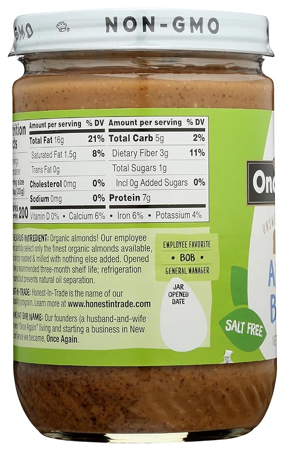 Once Again Organic Creamy Almond Butter 16oz - Roasted - Salt Free Unsweetened - USDA Organic Gluten Free Certified Peanut Free Vegan Kosher Paleo - Glass Jar… (1 Pack)