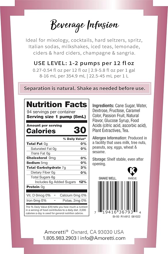 Amoretti - Passion Fruit Tea Beverage Infusion Drink Mix &amp Water Enhancer with Pump for Flavoring Cocktails Waters Tea and other Beverages 94 Servings Per Bottle (750 ml) Preservative Free