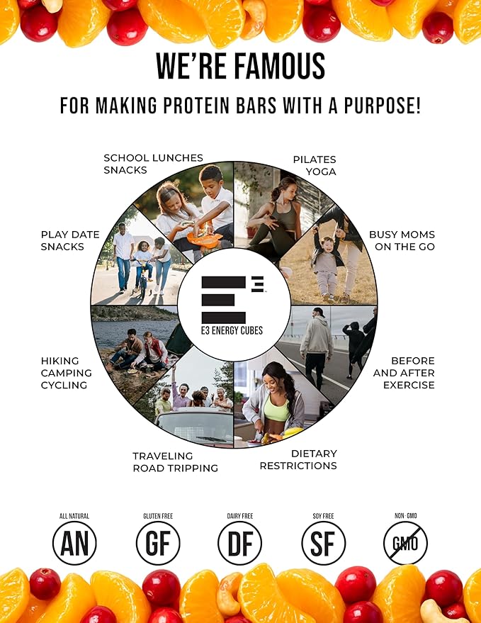 E3 Energy Cubes- Orange Cranberry Refrigerated Protein Bars | Gluten Free Dairy Free Soy Free Non-GMO Macro Smart Prebiotic Fiber Prebiotic Fiber | High-Protein Healthy Snack Bars | Made in USA