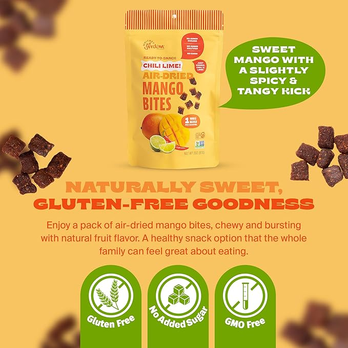 Whitney Jordan Naturals Air-Dried Chili Lime Mango Bites | Dried Fruit Made from Real Mangoes with Chili and Lime | No Sugar Added Vegan Chewy Fruit for Healthy Snacking On-the-Go | 2 Oz Pack of 10