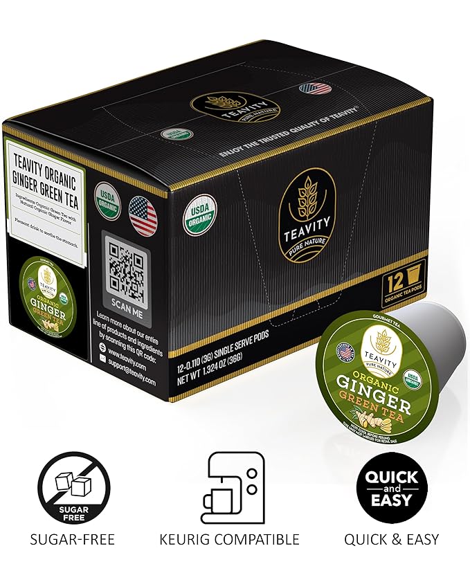 Green Tea &amp Ginger Tea Pods for Keurig - Caffeinated Organic Dye Free Unsweetened Herbal Blend for K Cup Machines - Hot or Iced (24 Tea Pods)