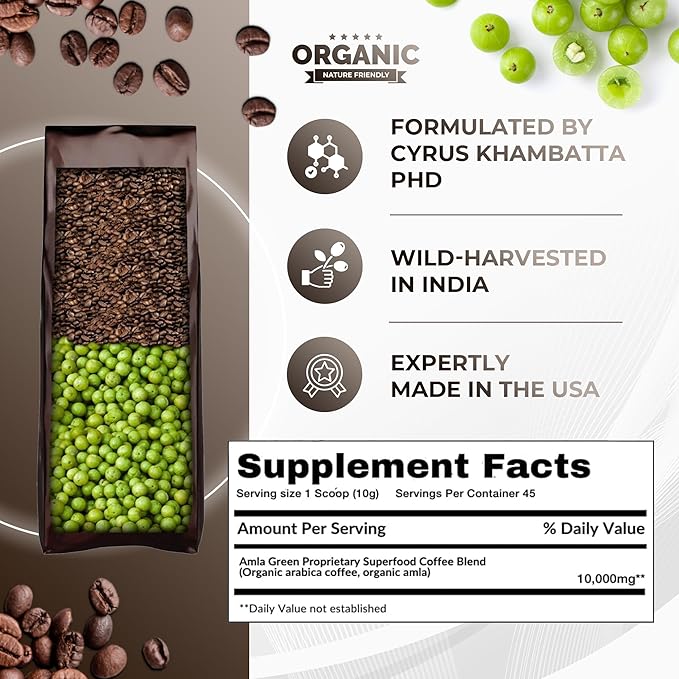 Amla Green Organic Ground Superfood Coffee Medium Roast Gourmet Coffee with Antioxidant Rich Indian Gooseberry 100% Arabica Special with Amla Benefits 16 Oz