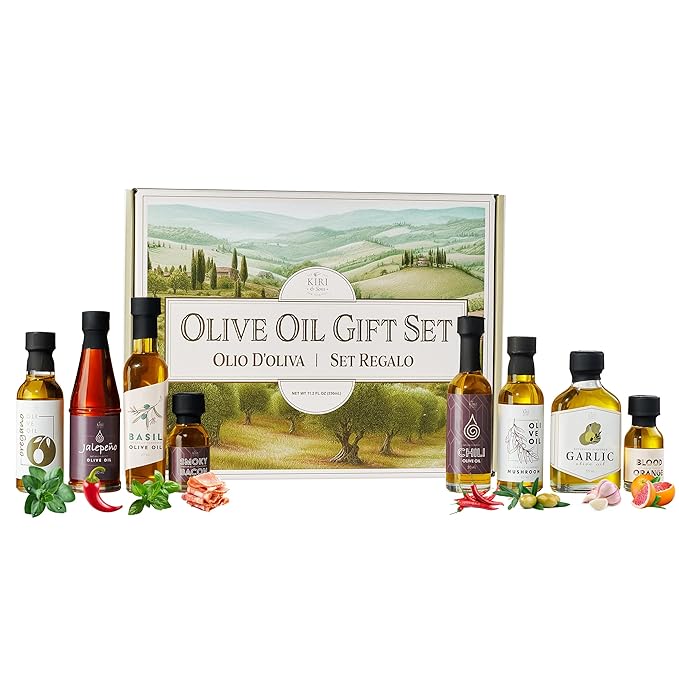Kiri &amp Sons Olive Oil Gourmet Sampler Gift Set of 8 - Premium Extra-Virgin Olive Oil Made In Spain Natural Flavors Include Mushroom Chili Garlic Oregano Blood Orange Smoky Bacon Jalapeno B