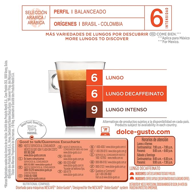 Nescafe Dolce Gusto Coffee Pods Lungo Decaffeinato 16 capsules Pack of 3