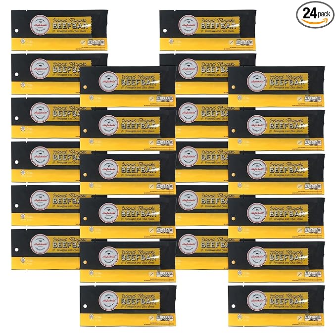 Aufschnitt Beef Bars - High Protein Snack with Grass Fed Beef - Kosher and Keto Friendly - Island Teriyaki Flavor with Pineapple and Chia Seeds 24 Count
