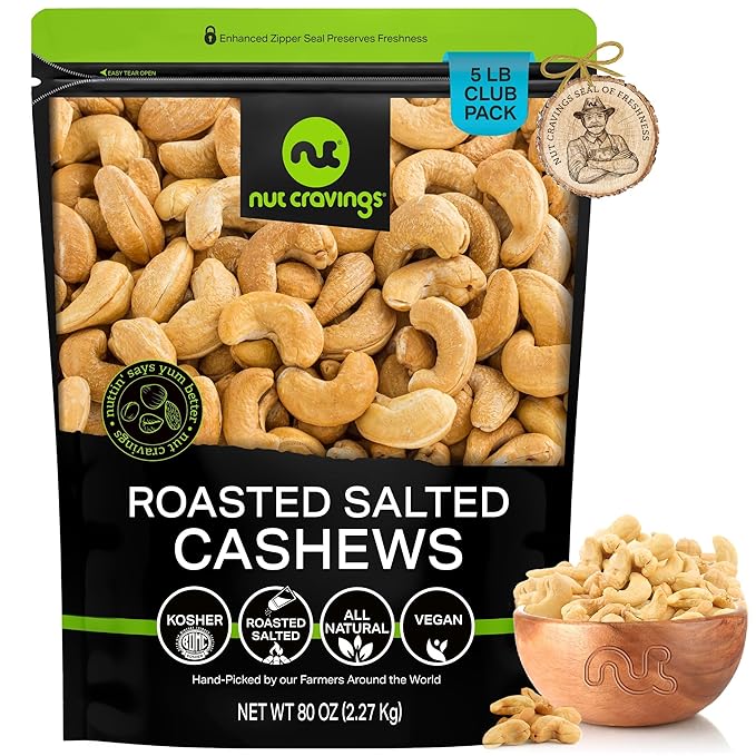 NUT CRAVINGS - Roasted Cashews Slightly Salted - Jumbo Whole (80oz - 5 LB) Packed Fresh in Resealable Bag - Nut Snack - Food Assortments