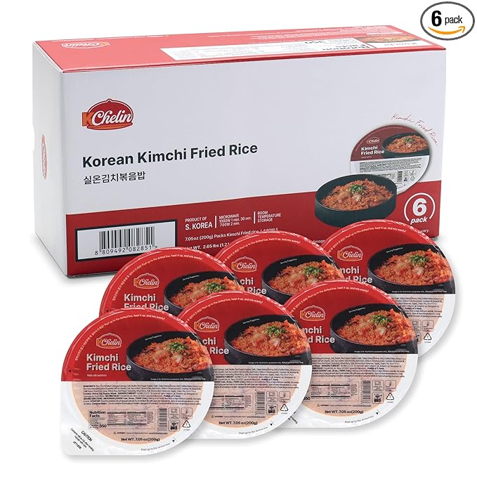[KCHELIN] Microwaveable Korean Kimchi Fried Rice (Pack of 6) Korean Food Instant Quick &amp Delicious Shelf- Stable On-the-Go Meals 7.05 oz per Bowl