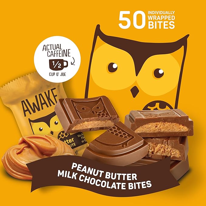 AWAKE - Caffeinated Chocolate Bites - Peanut Butter Milk Chocolate 50 Bites - 50mg Caffeine - Wrapped Energy Bites - Coffee Alternative - Fairtrade Gluten Free Non GMO - 0.48oz