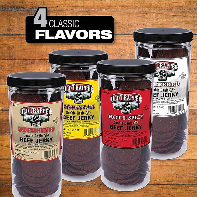Old Trapper Double Eagle Beef Jerky Peppered Flavor 21oz. 80-Piece Jar Natural Wood Smoked Meat Snacks 10 Grams of Protein and 80 Calories per Serving (Pack of One)