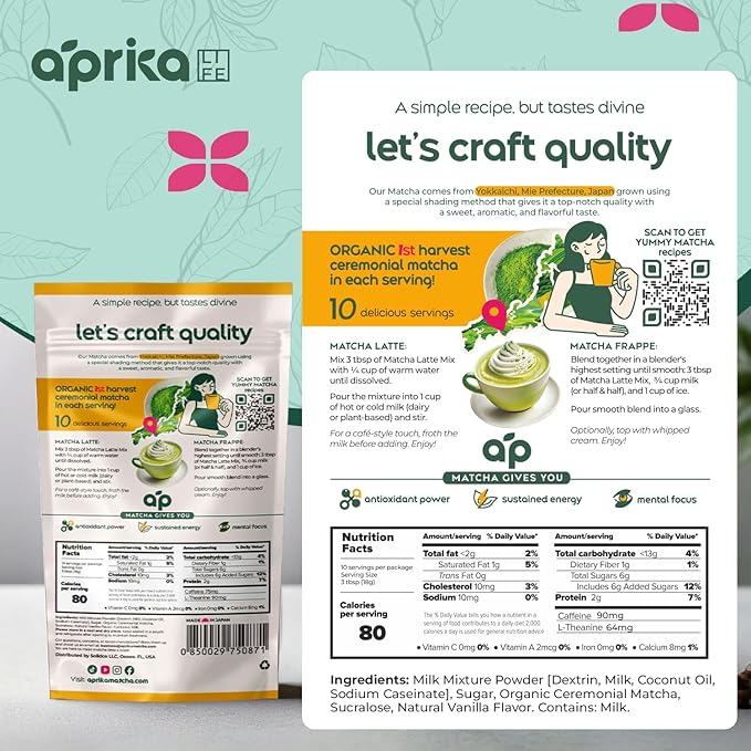 AprikaLife Matcha Latte Powder Premium Barista Crafted Mix with Natural Vanilla Flavor - Authentically Japanese - 1st Harvest Ceremonial Grade Sweet Matcha Powder Used by Coffee Shops 6.8 oz / 180g