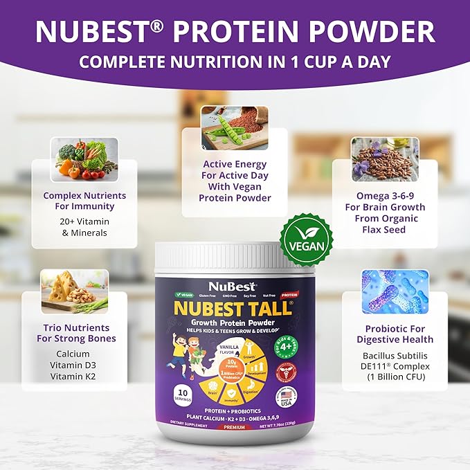 NuBest Tall Vanilla Plant-Based Protein Powder for Kids &amp Teens - Healthy &amp Immunity with Probiotics Omega 3-6-9 Vitamin D3 + K2 Calcium &amp Vitamins - 10 Servings | 2 Week Supply