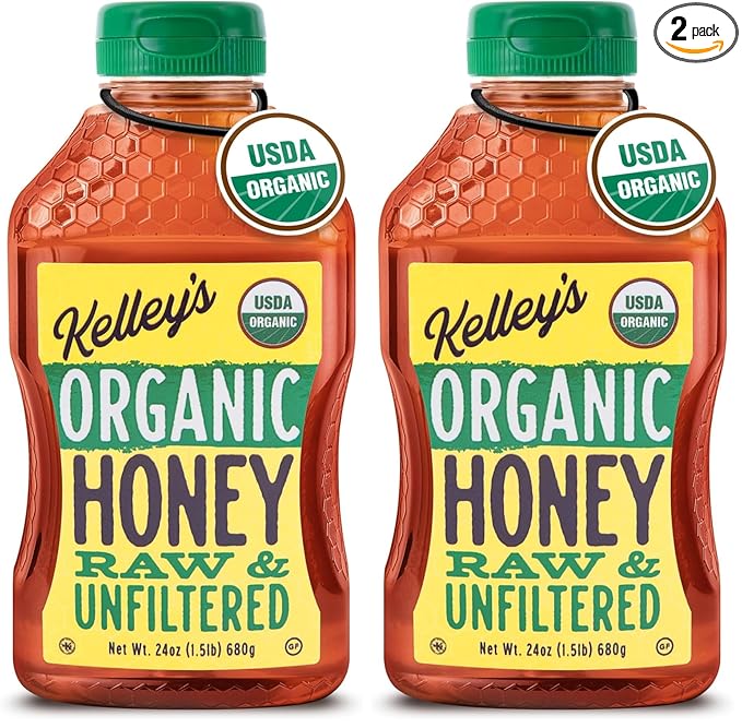 Kelley's 100% Organic Raw &amp Unfiltered Honey USDA Certified 24 Oz – All Natural Flavor-Rich Honey for Fruits Yogurt Smoothies Acai Bowls Tea – Natural Sugar Substitute (Pack of 2)