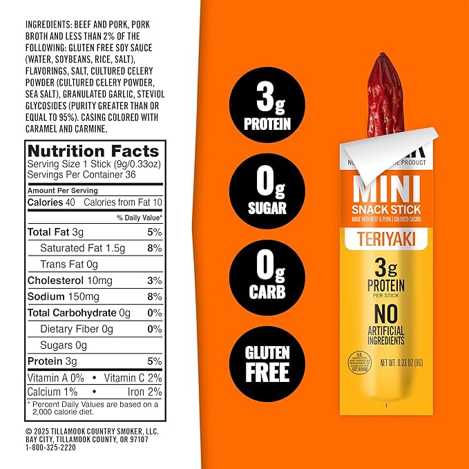 Tillamook Country Smoker Zero Sugar Teriyaki Mini Smoked Sausages 0.33 oz 48 Ct Individually Wrapped Beef Sticks for Afternoon Snacks Lunchboxes Travel Real Hardwood Smoked