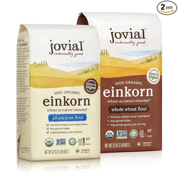 Jovial Organic Einkorn Whole Wheat &amp Unbleached All Purpose Flour - Bread Baking Flour for Sourdough High Protein Non-GMO Organic Pizza &amp Pasta Flour European Italian Flour - 32 Oz 2 Pack