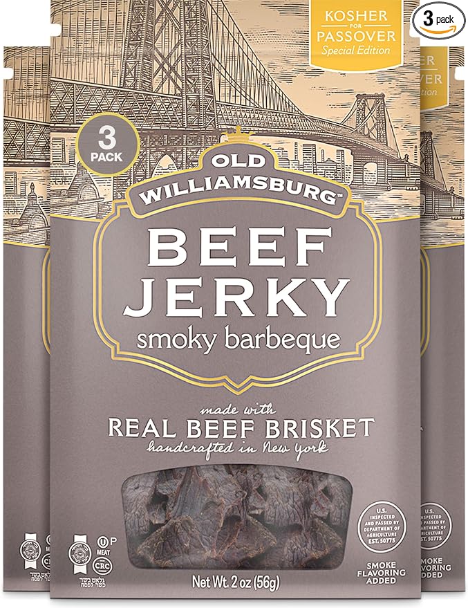 Old Williamsburg Smoky BBQ Kosher Beef Jerky 2oz (3 Pack) | Real American Beef Brisket | No Fillers | Hand Crafted | Gluten Free &amp Soy Free | Protein Packed | Glatt Kosher (including Passover)