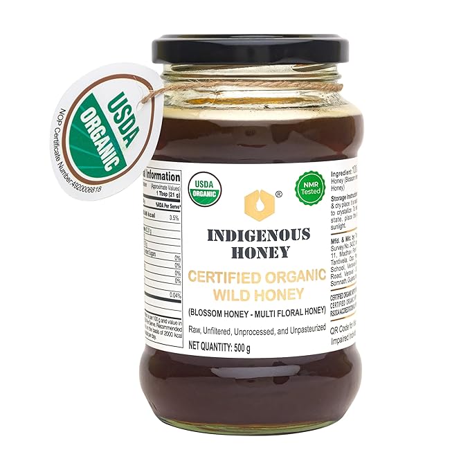 INDIGENOUS HONEY USDA Certified Organic Raw Wild Blossom Honey Unfiltered Small-Batch Micro-Lot Harvest Glass Jar Single-Origin 17.64 oz
