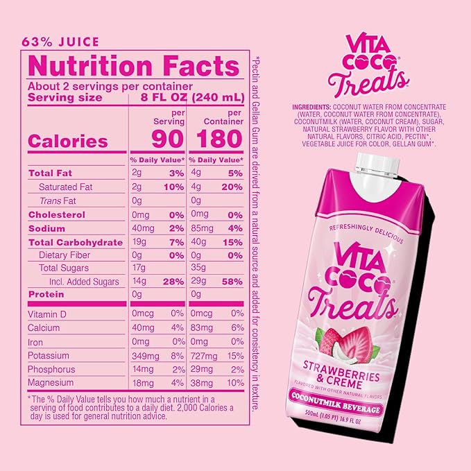 Vita Coco Treats Strawberries &amp Creme Coconut Milk Drink | Sweet Refreshing Treat | Cremey Pink Drink Alternative | 16.9 fl oz (Pack of 12)