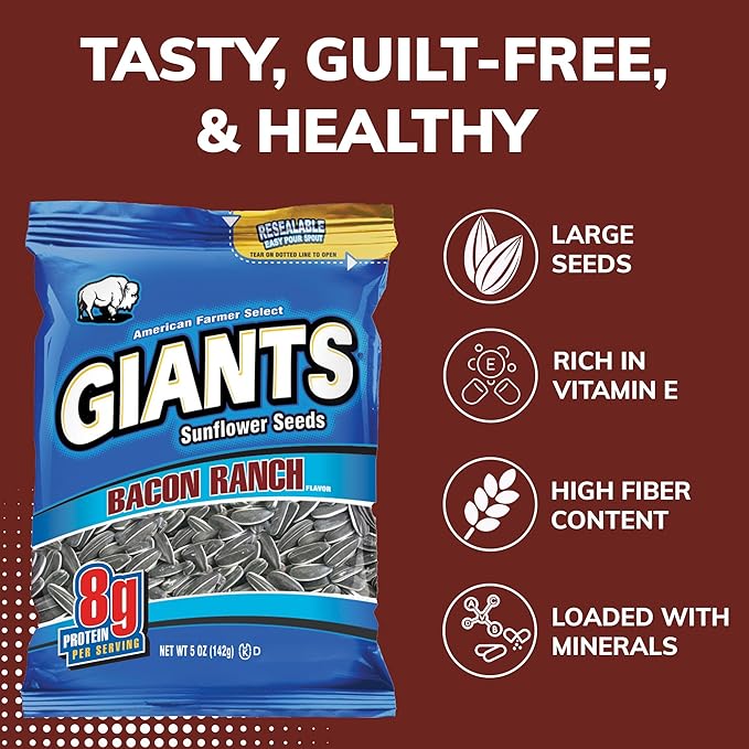 Giants Bacon Ranch Sunflower Seeds Bulk - Flavored Sunflower Seed Snack Roasted Sunflower Seeds to Eat - 5 oz Resealable Bags (Pack of 12)