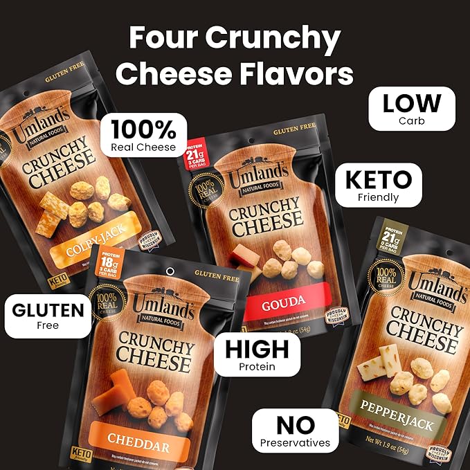 Umland’s Crunchy Cheese – Variety Pack (4 × 1.9 oz Bags) | Cheddar Colby Jack Pepper Jack Gouda | Real Cheese Keto Low-Carb High-Protein Gluten-Free Snack